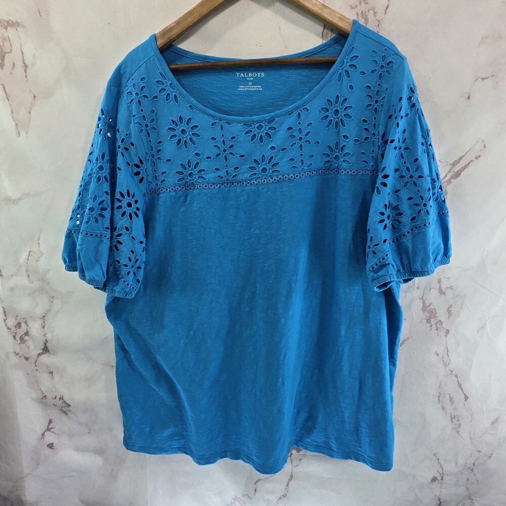 Talbots Shirt Womens 2X Blue Puff Sleeve Eyelet Floral Tee T Embroidered Short